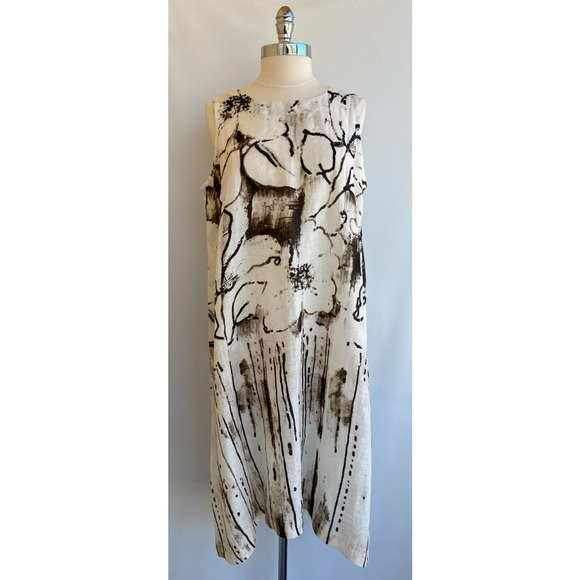 Eskandar 1 US 10 12 MAGNOLIA Floral Print Brown Tan Oversized Linen 42"L Dress - Picture 1 of 14
